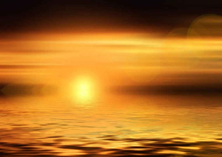 the sun is setting over a body of water, by Kuno Veeber, shutterstock, digital art, shiny gold background, stock photo, heavenly glow, black-water-background