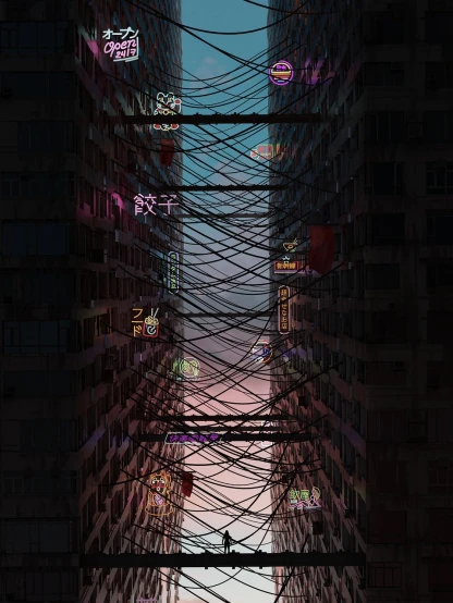 a city street filled with lots of tall buildings, inspired by Liam Wong, conceptual art, wrapped in wires and piones, bottom - view, apartment complex made of tubes, dusk