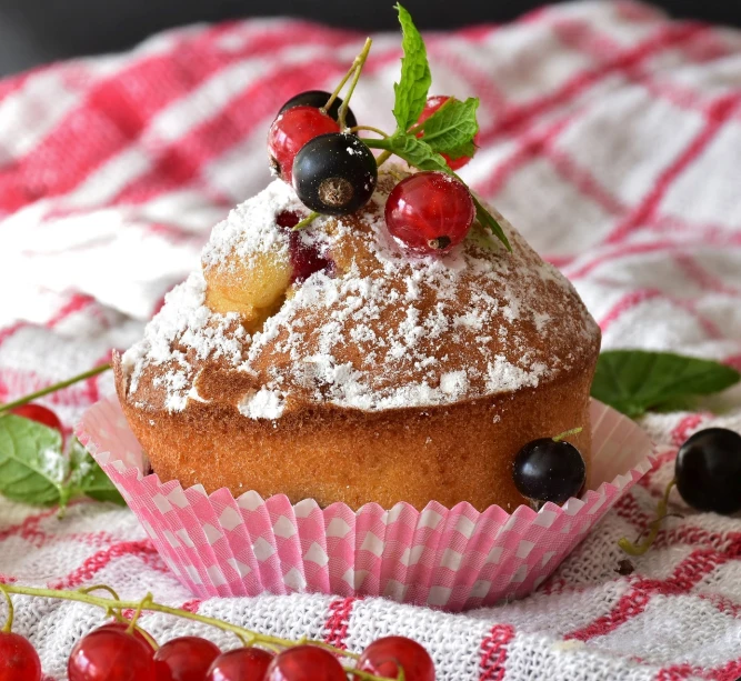 a muffin sitting on top of a table covered in powdered sugar, a pastel, by Anna Haifisch, shutterstock, renaissance, berries decoration on the dress, fruits, high quality product image”