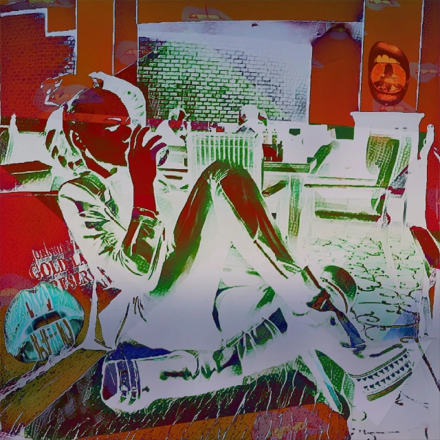 a man sitting on a couch talking on a cell phone, inspired by Richard Hamilton, panfuturism, ((oversaturated)), solarized, miles davis, urban girl fanart
