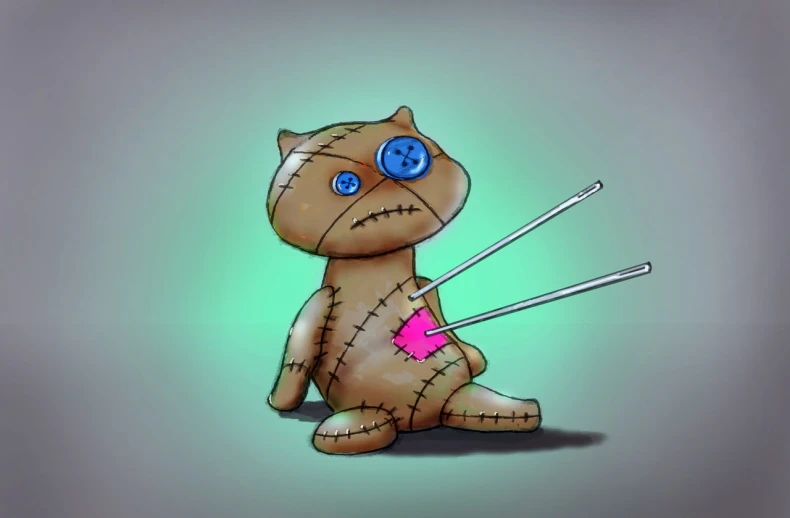 a drawing of a teddy bear holding a pair of scissors, digital art, inspired by Victor Brauner, deviantart contest winner, digital art, cat with laser eyes, an alien robot naughty nurse, low detailed. digital painting, stab wound