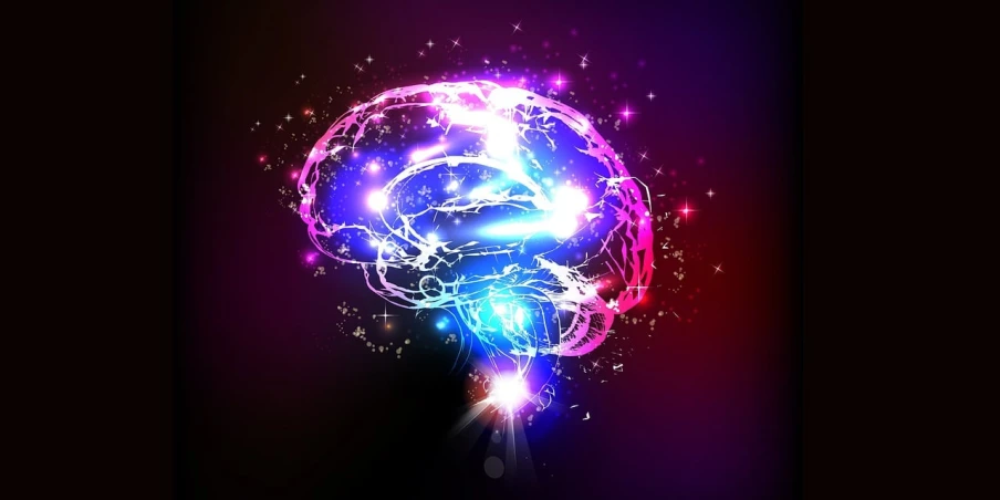 a glowing brain on a black background, shutterstock, digital art, colorful magic effects, !!! very coherent!!! vector art, galaxy reflected helmet, red and blue lighting