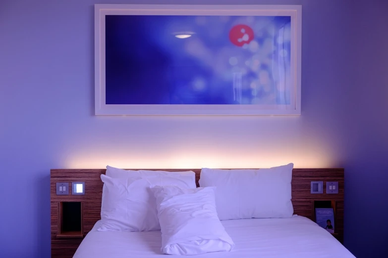 a bed room with a neatly made bed and a picture on the wall, inspired by Elsa Bleda, pexels, pop art, red and blue lighting, marketing photo, blue and white colour scheme, hotel