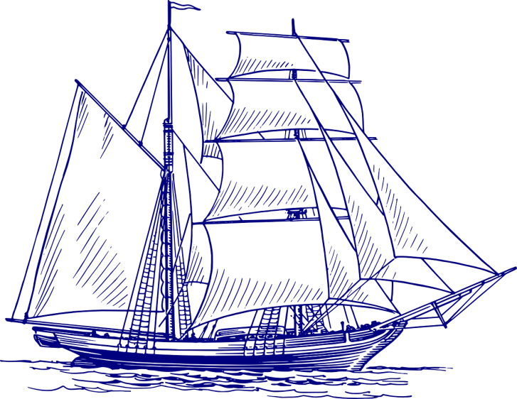 a blue boat floating on top of a body of water, a digital rendering, by Robert Bryden, pixabay contest winner, net art, one - line drawing, sailing ship, with a black background, profile close-up view