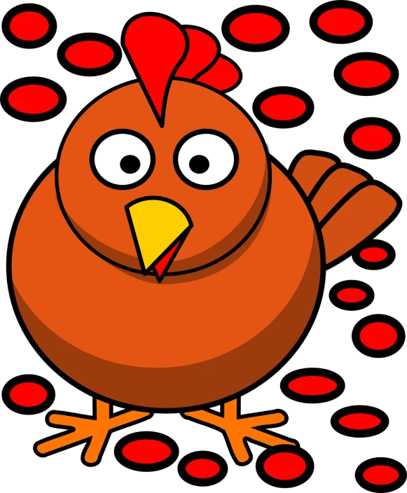 a cartoon chicken with red spots around it, an illustration of, by Ludovit Fulla, pixabay contest winner, mingei, !!! very coherent!!! vector art, amoled, bird view, the background is black