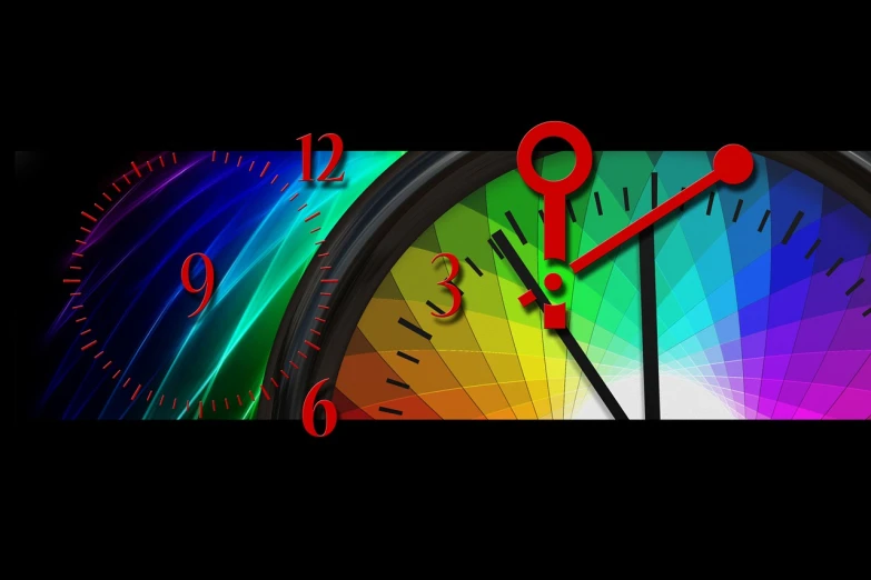 a close up of a clock with a rainbow background, a digital rendering, inspired by Konrad Klapheck, colorful with red hues, confusing, on a flat color black background, lying on an abstract