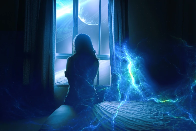 a woman sitting on a bed in front of a window, tumblr, digital art, blue lightnings, earth on the window, unexplained phenomena, strong atmosphere