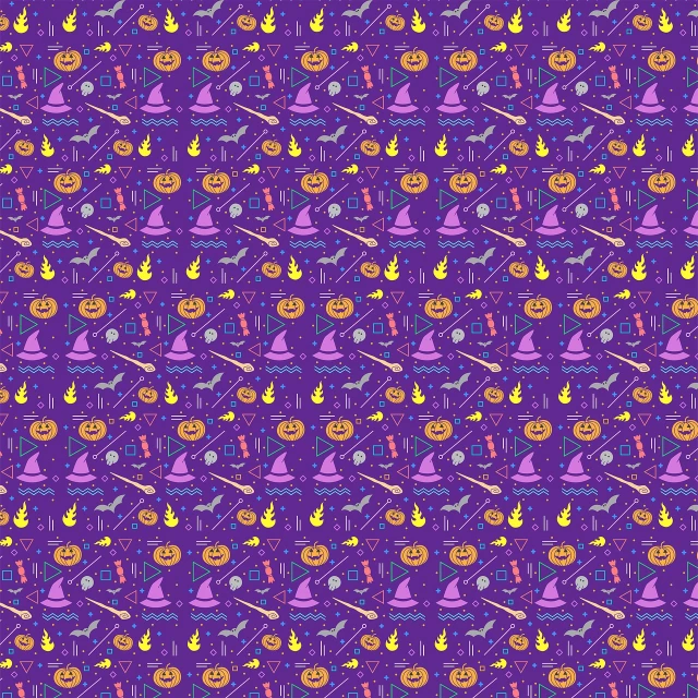 a pattern of halloween themed items on a purple background, by Amelia Peláez, tumblr, process art, broomstick, tileable texture, magic eye, magic broom