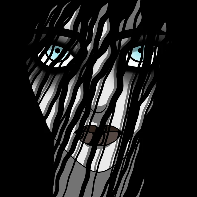 a black and white drawing of a woman's face, vector art, inspired by Aaron Nagel, gothic art, scary color art in 4 k, the girl is scared, black and blue eyes, anime graphic illustration