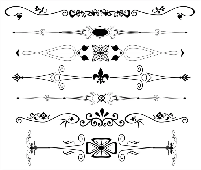a set of decorative design elements on a white background, vector art, inspired by Slava Raškaj, trending on pixabay, art nouveau, very elongated lines, sword design, black border, screencapture