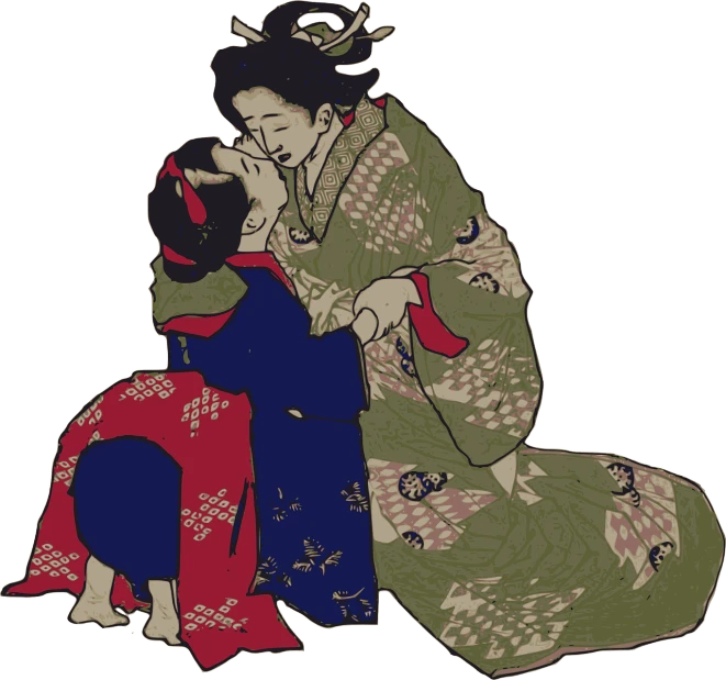 a woman in a kimono sitting next to a child, inspired by Uemura Shōen, ukiyo-e, kissing together, anime vintage colors, clothed in old samurai uniform, clipart