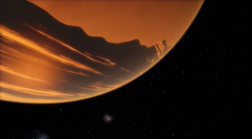 a close up of a planet with a mountain in the background, a digital rendering, inspired by Jakob Häne, orange gas giant, bottom angle, often described as flame-like, space photo