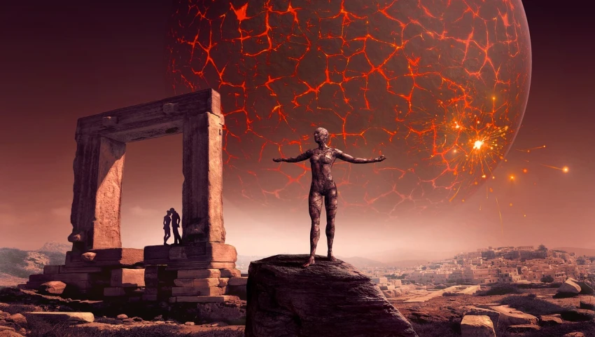 a man standing on top of a rock next to a giant object, digital art, by Mike Winkelmann, body with black and red lava, untethered stelae, she is approaching heaven, apocalyptic architecture