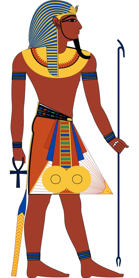 an image of an egyptian man with a staff, egyptian art, inspired by Nicomachus of Thebes, afrofuturism, ( symmetrical ), kieth thomsen, dressed senobith, cad