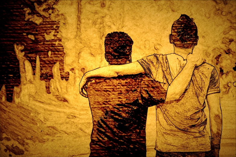 a couple of men standing next to each other, a picture, by Kurt Roesch, trending on pixabay, serial art, hug, posterized, pyrography, still from a terence malik film