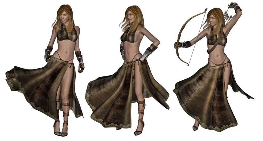 a woman in a bikini top and skirt holding a bow, inspired by senior character artist, leather robes, 3 d renders, wearing xena armor, wearing cave man clothes