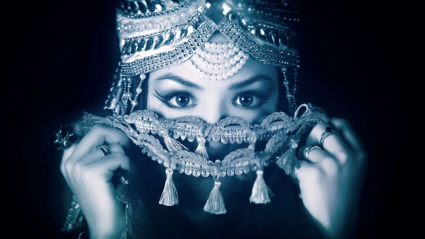 a close up of a person wearing a costume, a digital rendering, arabesque, beautiful portrait photo, loving eyes, she is dressed as a belly dancer, see no evil