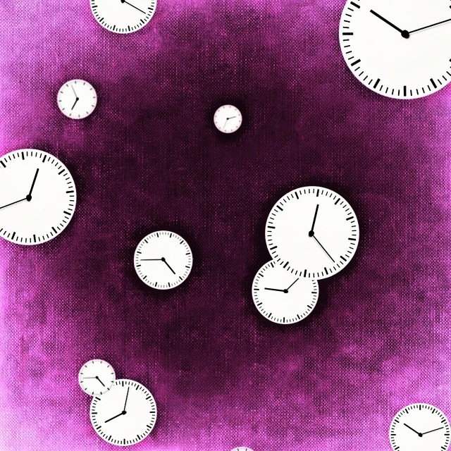 a bunch of clocks sitting on top of a purple surface, a digital rendering, conceptual art, post grunge, busy background, high quality image”, illustration”