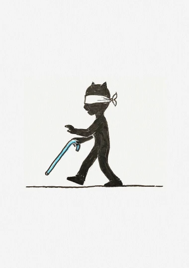 a drawing of a person walking with a cane, concept art, inspired by Bill Traylor, folk art, mark zuckerberg as catwoman, cyberpunk cat, black blindfold, cyan