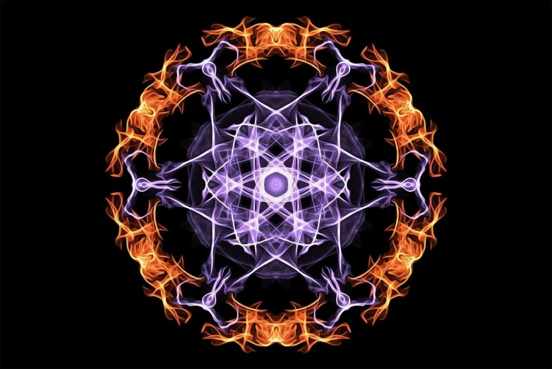 a circle of fire on a black background, digital art, by Leonard Bahr, flickr, nuclear art, sacred geometry pattern, purple fire, sacral chakra, intricate wiccan scene detailing