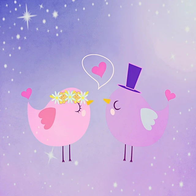 a couple of birds standing next to each other, by Lucia Peka, trending on pixabay, romanticism, purple sparkles, cartoon style illustration, wedding, twinkling stars