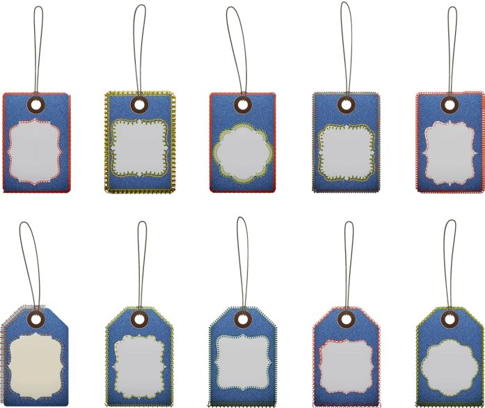 a bunch of tags sitting on top of each other, with ornamental edges, royal blue colors, stock, full res