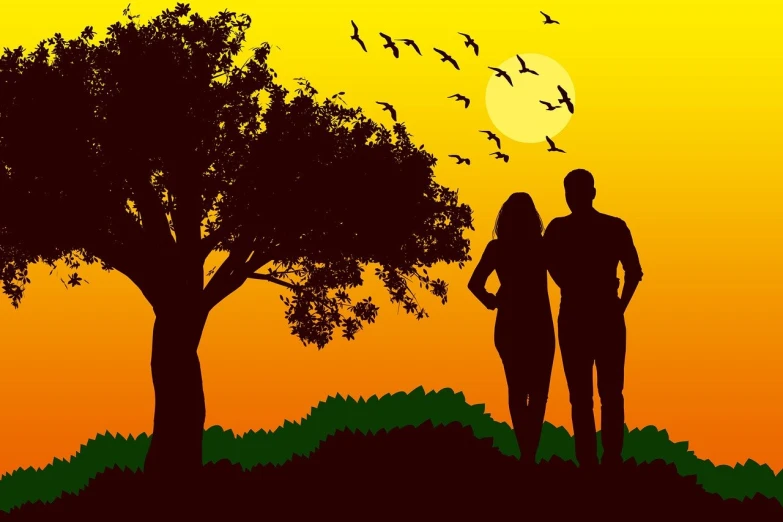 a man and a woman standing in front of a tree, pixabay, romanticism, with great birds, vector images, late summer evening, a beautiful artwork illustration