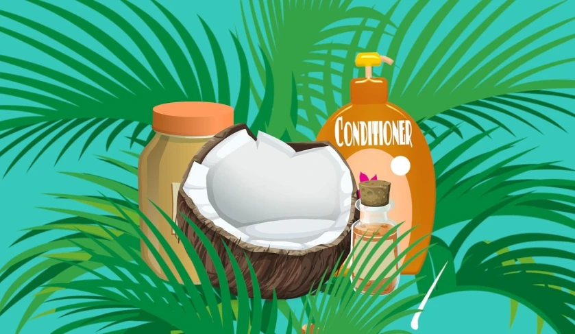 a bottle of coconut oil next to a coconut, an illustration of, background jungle, cosmetics, various items, full color illustration