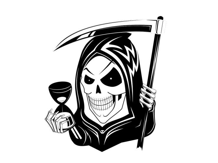 a black and white image of a person with a scythe, vector art, reddit, with a drink, with a black background, death, funny