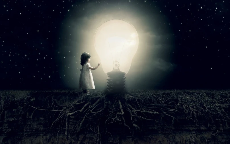 a little girl that is standing in the grass, inspired by Alexander Jansson, digital art, light bulb, sitting on a moon, \'the soul creates, lightbulb
