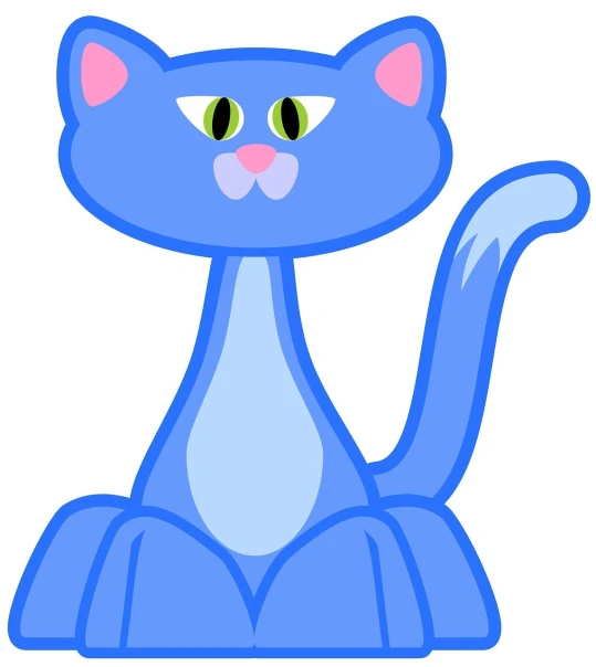 a blue cat with green eyes sitting down, naive art, no gradients, gumball watterson, he has an elongated head shape, tail slightly wavy