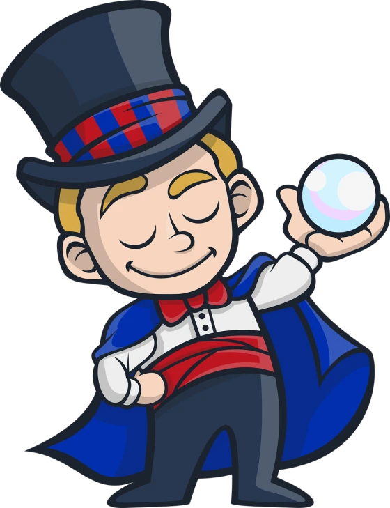 a cartoon magician holding a crystal ball, a digital rendering, inspired by Waldo Peirce, linus from linustechtips, maplestory, uncle sam, card game illustration