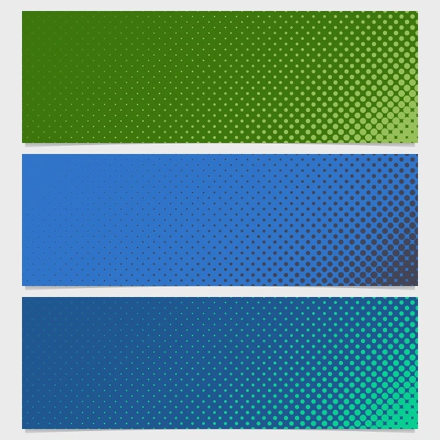 a set of four banners with different colors, a comic book panel, dot gradient, light green and deep blue mood, 3 mm, 3 colour