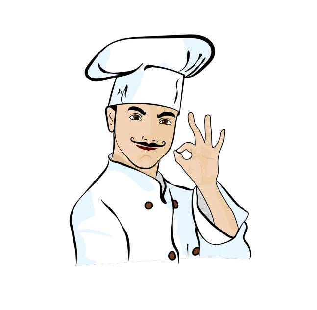a man in a chef's hat making a peace sign, vector art, on a black background, wikihow illustration, masterpiece illustration