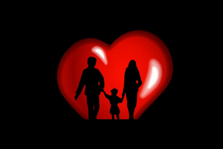 a silhouette of a family holding hands in front of a heart, a picture, figuration libre, black and red background, daughter, walking, no duplicate image