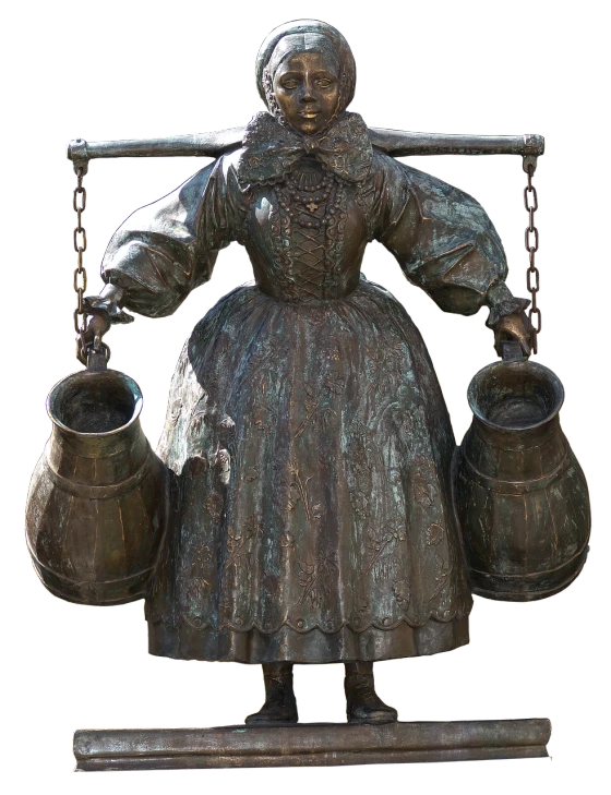 a statue of a woman holding two buckets, by Jan Stanisławski, featured on zbrush central, conceptual art, peasant dress, full view of face and body, victorian lady, kettle