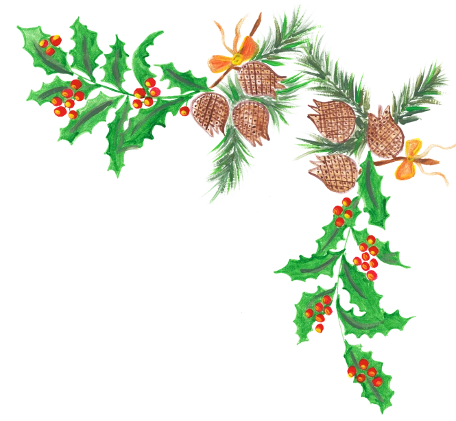 a branch of holly with pine cones and berries, a digital rendering, by Susan Heidi, folk art, on a black background, screen cap, t artfully traced, above side view