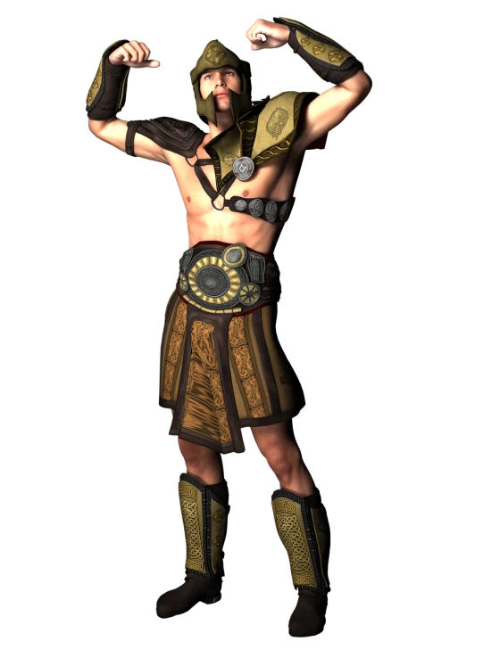 a man dressed in armor poses for a picture, a 3D render, wearing a toga and sandals, mma southpaw stance, celtic druid, high res eautiful lighting
