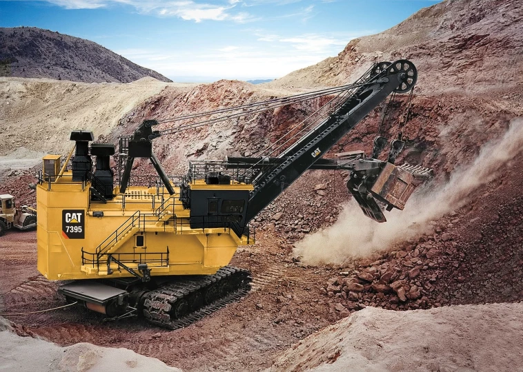 a large yellow excavator sitting on top of a pile of dirt, a digital rendering, by Wayne England, cg society contest winner, mine cart, close-up product photo, 2 0 2 2 photo, utah