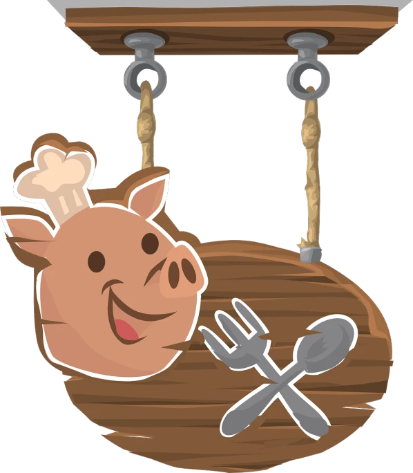 a cartoon pig holding a fork and knife, a digital rendering, pixabay, mingei, gondola, wood, black, hanging