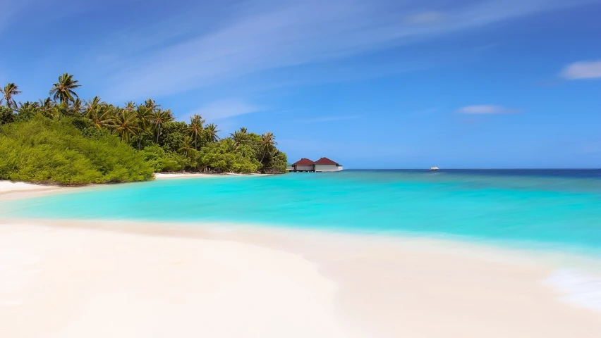 a beach with white sand and blue water, a picture, by Jacob Kainen, shutterstock, phone wallpaper, house, brown and cyan color scheme, islands