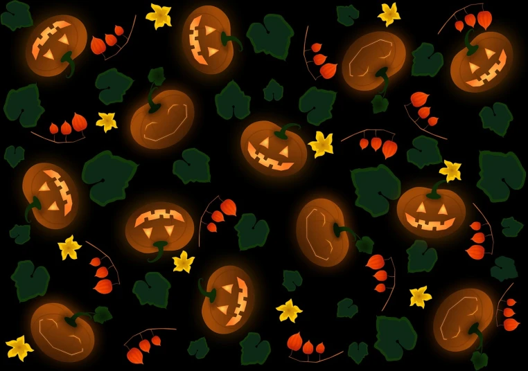 a pattern of pumpkins and leaves on a black background, a digital rendering, sōsaku hanga, scarry but bewitching, wallpaper!, ¯_(ツ)_/¯, 4 k hd wallpaper illustration