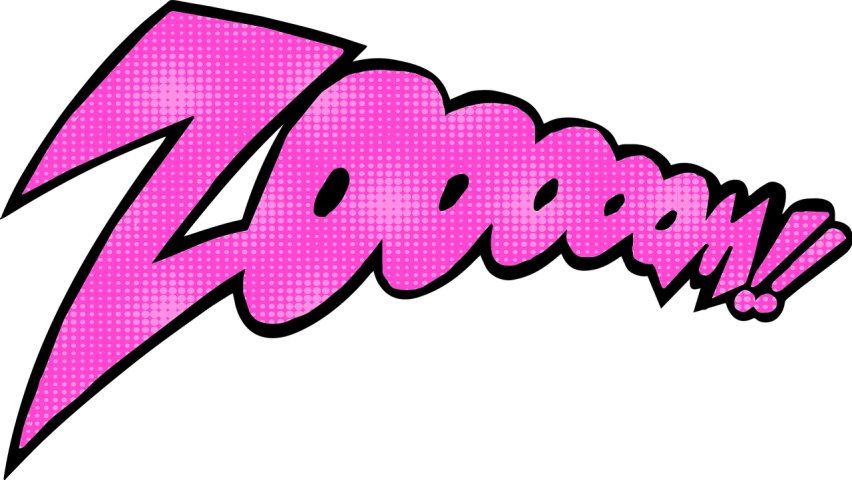 a pink logo with the word zoom on it, inspired by Yahoo Kusama, pixabay, pop art, frank zappa, z'gok. 8 k hd resolution, imvu, jojo\'s bizarre adventure