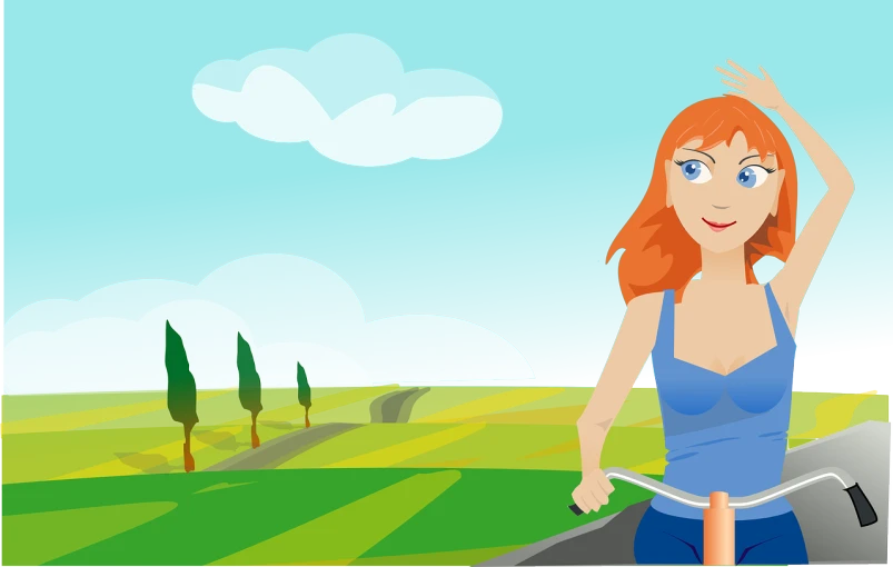 a woman riding a bike down a road, vector art, a redheaded young woman, website banner, in the countryside, looking happy