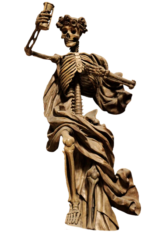a statue of a skeleton holding a beer, featured on zbrush central, francis - bacon, museum photography, waving robe movement, harp