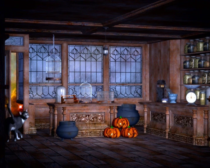 a room that has a bunch of pumpkins on the floor, inspired by Anton Pieck, polycount contest winner, alchemist bottles, in the gryffindor common room, ultra realistic 8k octan photo, shop window for magical weapons