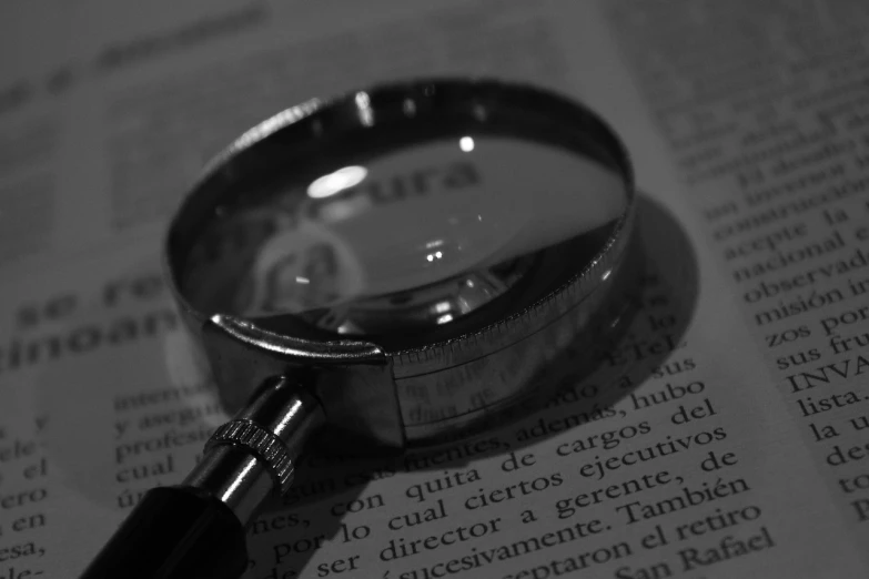 a magnifying glass sitting on top of an open book, a black and white photo, by Luis Molinari, flickr, detective, local close up, words, silver monocle