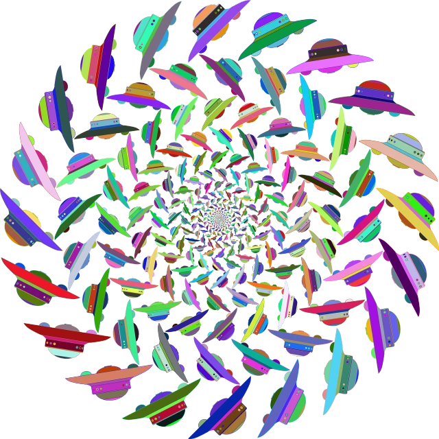a circle of colored feathers on a black background, a digital rendering, inspired by Benoit B. Mandelbrot, generative art, twisting leaves, whimsical!!, is being drawn into a blackhole, seen from below