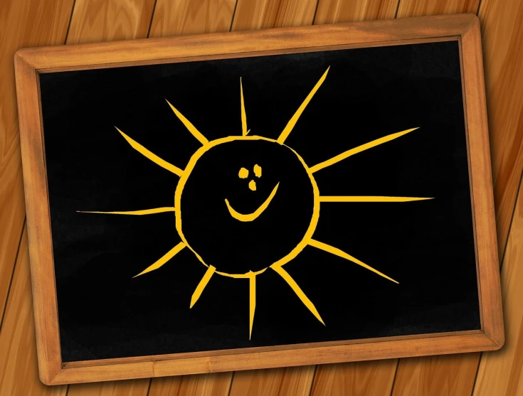 a blackboard with a smiley face drawn on it, a picture, by Stefan Gierowski, pixabay, rays of the sun, deck, alamy stock photo, warm glow