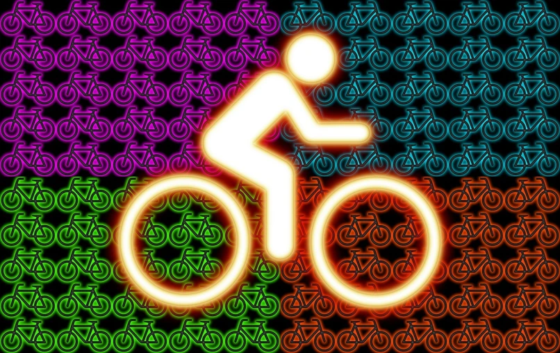 a person riding a bike in front of a lot of bicycles, by Adam Manyoki, dribble, process art, ios app icon, bright neon, 2 colors, deluxe
